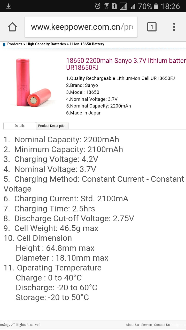 BATERIJA SANYO UR18650FJ Li-ion 3.7V 2200mAh
